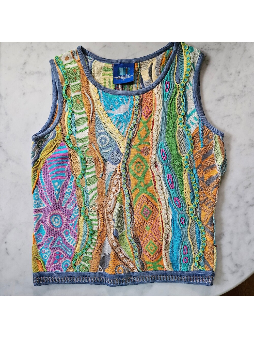 Vtg Limnos Womens Sweater Sleeveless Vest 3D Chunky AUSTRALIA Bright Pastel M